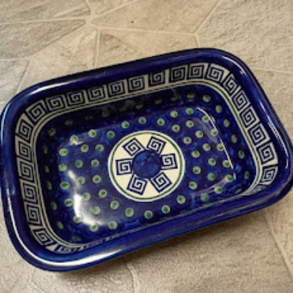 Handcrafted Polish Pottery Serving Dish with Greek Key Design 🌿🍽️